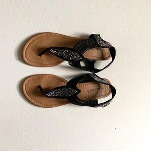 Black gladiator sandals w/ multi color crystals